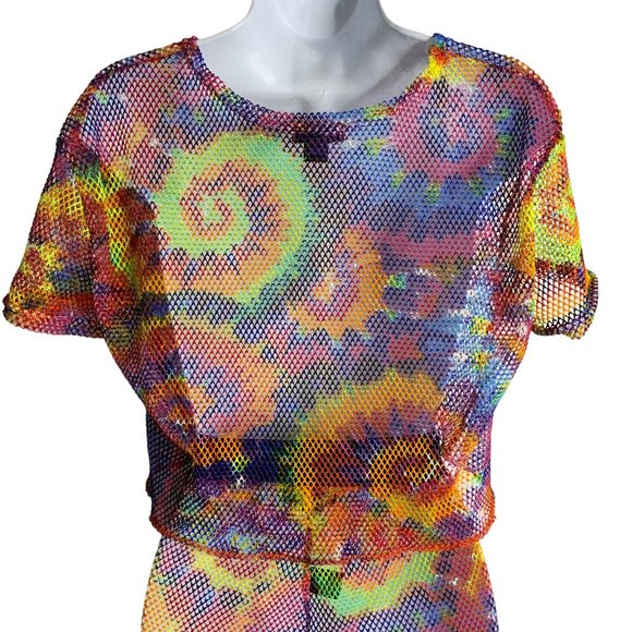 Love Crochet Knit Tie Dye Set M Rainbow Crop Top Elastic Waist Festival Cover Up - Picture 5 of 7